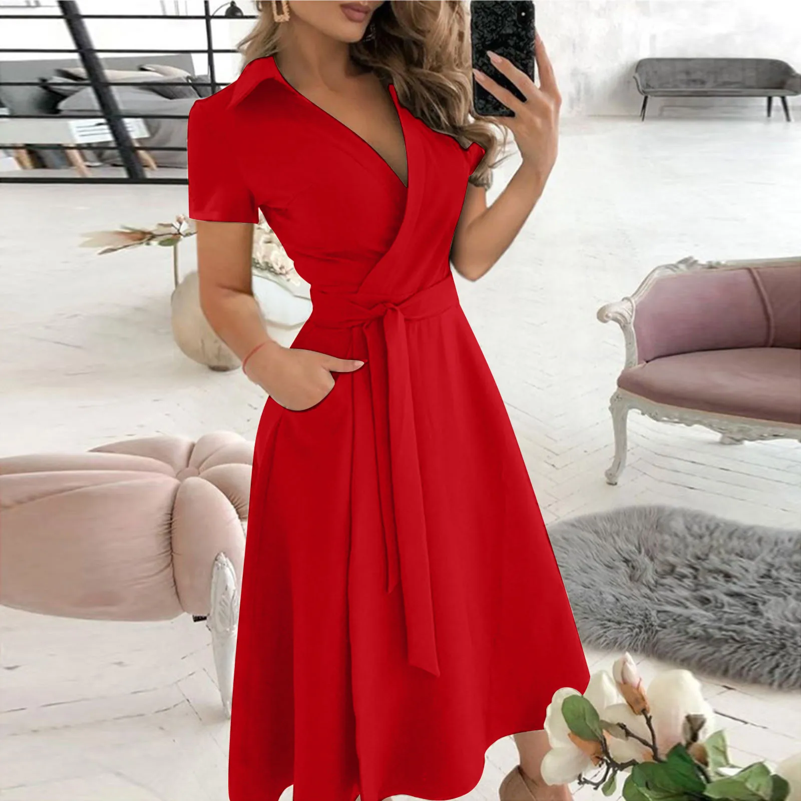 Women'S Red Formal Wear - Primavera Verano moda Oficina vestido fruncido